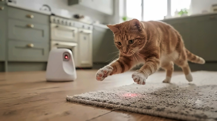 An energetic ginger tabby cat chasing a red laser dot projected by a motion-activated pet toy. automatic laser cat toy