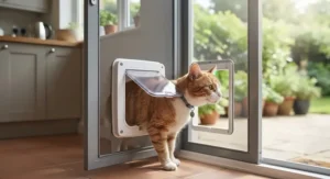 A black and white cat gently pushing through a newly installed locking cat flap on a back garden door.