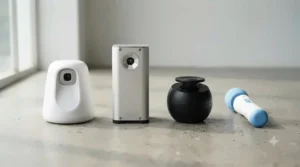A tidy selection of different automated laser toys displayed side by side on a neutral grey background.