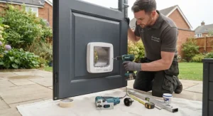 Internal mechanism comparison showing the electronic sensor of a microchip cat flap versus the latch of a magnetic alternative