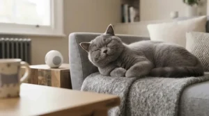 A contented British Shorthair cat relaxing on a grey sofa after an interactive session with the app-controlled cat toy.