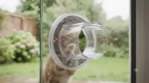 A circular lockable cat flap professionally fitted into a double-glazed glass patio door.