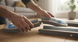 Hands easily clicking together the modular pieces of a top ball track toy for cats for quick cleaning.