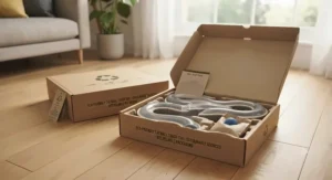 Recyclable packaging accompanying a top delivered top ball track toy for cats in the UK.