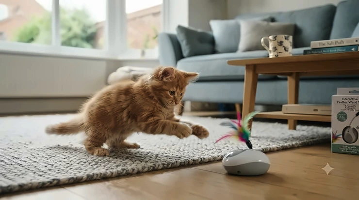 A fluffy ginger kitten pouncing playfully at an interactive electronic feather wand cat toy on a living room rug in a British home. electronic cat toy for kittens