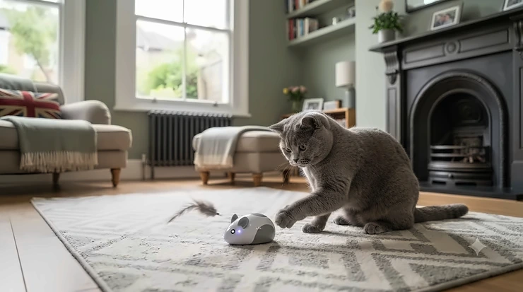 An interactive electronic cat toy rolling across a living room floor to keep an indoor cat entertained. electronic cat toys