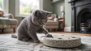 An electronic hide-and-seek mouse cat toy with a rotating cover for mental stimulation.
