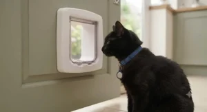 A tradesperson fitting a microchip cat flap into a modern composite back door of a UK property