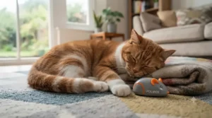 A happy cat relaxing next to its favourite self-moving cat toy after an energetic play session