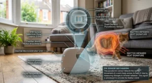 Infographic demonstrating how infrared motion sensors detect cat movement in indoor spaces.