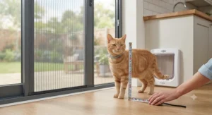 A ginger cat standing next to a tape measure to check its height and width before fitting a screen door cat flap.