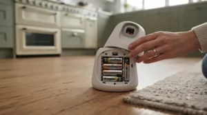 Step-by-step setup guide for a hands-free laser cat toy showing battery installation and placement on a flat surface.