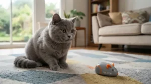 A contented British Shorthair cat watching a self-moving cat toy bounce around the room