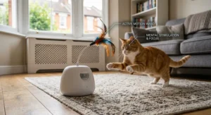 Ginger cat pouncing on an automatic motion sensor toy next to a radiator cover.