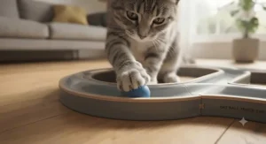 Indoor cat getting mental stimulation and exercise from a top ball track toy for cats.