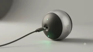 Close-up of an interactive automated ball and handheld remote control on a living room rug