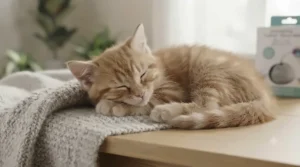 A calm ginger kitten sleeping soundly next to a soft blanket, illustrating independent play and rest after using the electronic cat toy.