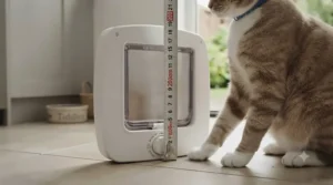 Extra-large lockable cat flap designed for larger cats and small dogs, shown next to a measuring tape.
