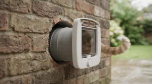 A heavy-duty lockable cat flap with a tunnel extension installed through an exterior brick wall.