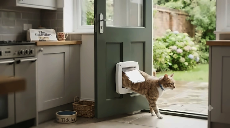 A white lockable cat flap fitted securely into a wooden back door of a modern British home. lockable cat flap