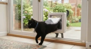 An outdoor cat wearing a magnetic collar key approaching a traditional magnetic cat flap