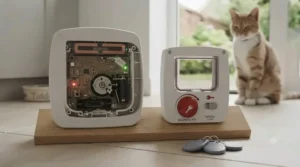 Two different styles of lockable cat flaps displaying magnetic collar-key entry and manual locking switches.