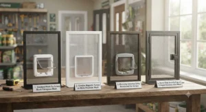 Comparison of different cat flap models suitable for mesh and screen doors, highlighting magnetic closures and lockable designs.