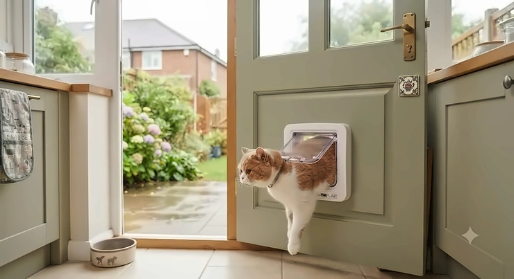 Microchip cat flap compared to a magnetic cat flap installed on a wooden back door in a British home microchip cat flap vs magnetic cat flap