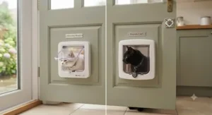 A comparative chart outlining the key differences in security, cost, and collar requirements between microchip and magnetic cat flaps
