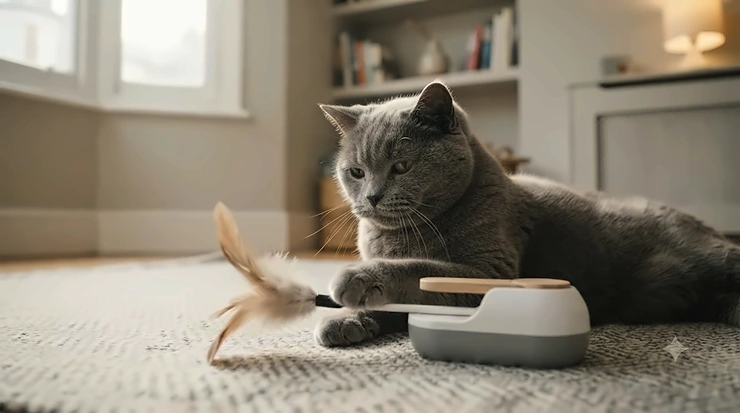 A grey elderly cat playing gently with an automatic motion-activated toy in a British living room motion activated cat toy for senior cats