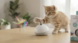 A playful ginger kitten batting at the spinning, multicoloured feather attachment of the electronic cat toy on a wooden floor.