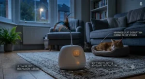 Indoor cat chasing a motion sensor ball toy across a rug in a London apartment.