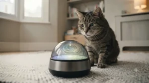 Close-up of a senior cat watching an automated electronic mouse toy with glowing movement sensors