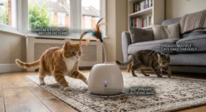 Two rescue cats taking turns playing with an automatic motion activated laser toy.