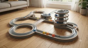 Multi-level design of a top ball track toy for cats featuring bright swivelling balls to keep pets active.