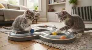 Two playful kittens sharing a top ball track toy for cats during a lively interactive gaming session.
