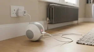 The app-controlled cat toy for iPhone plugged into a standard UK wall socket with a USB cable for recharging.