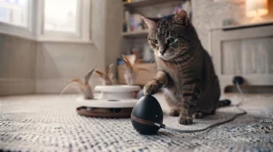 A modern, USB-rechargeable automatic motion cat toy sitting on a cosy rug beside a senior cat