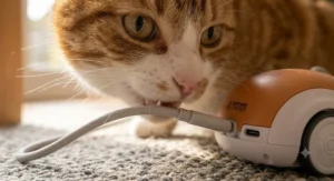 Rechargeable USB port on a robotic cat toy next to removable AA batteries from a remote control transmitter.
