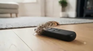 A happy British pet owner playing in a modern living room with her three cats using a remote control cat toy for multiple cats