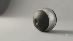 Detailed view of a feather attachment resting against a smart remote control device