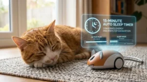Smart robotic cat toy displaying a fifteen-minute auto shut-off timer graphic to prevent feline overexertion.