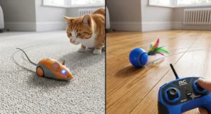 Robotic cat toy and remote control toy navigating across living room carpet and polished wooden floorboards.