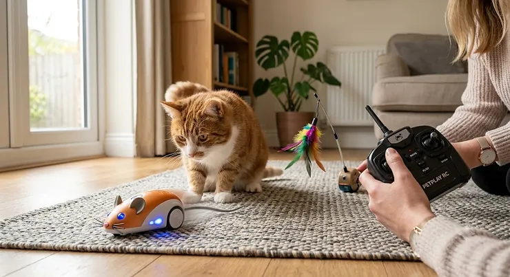 British Shorthair cat comparing an autonomous robotic cat toy with a remote control feather toy in a cosy UK living room. robotic cat toy vs remote control cat toy