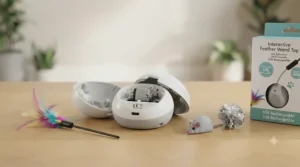 Detailed view of the safe, rounded components and durable materials of the electronic cat toy, highlighting quality assurance and certification marks.