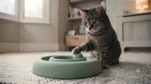 A wide-base automatic motion toy designed with soft materials, safe for an elderly cat to bat at