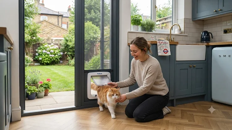 A white mesh screen door fitted with a durable pet flap, installed on a back door of a British home to let a cat outside safely. screen door cat flap