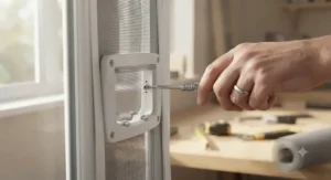 Tightening the small screws to lock the cat flap securely into place on a lightweight aluminium fly screen door.