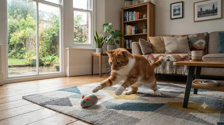 A lively ginger cat chasing an interactive self-moving cat toy across a British living room floor, ideal for keeping bored pets entertained self-moving cat toy for bored cats