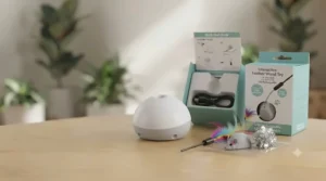 The electronic cat toy and its accessories laid out next to the open product packaging and quick-start guide, ready for initial setup.